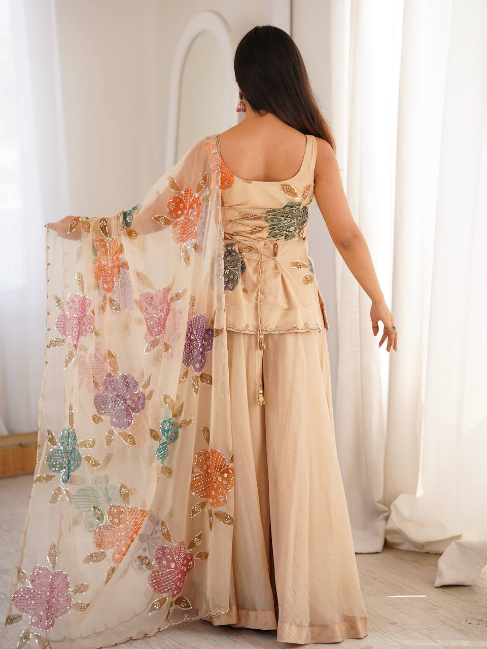 Aashvi Noor Tibby Organza Silk Brush Print Sequence Embroidered Palazzo Suit Set with Dupatta