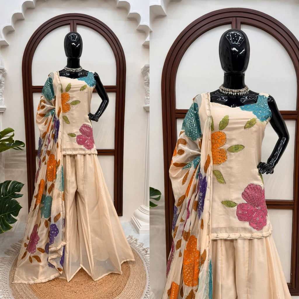 Aashvi Noor Tibby Organza Silk Brush Print Sequence Embroidered Palazzo Suit Set with Dupatta