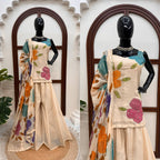 Aashvi Noor Tibby Organza Silk Brush Print Sequence Embroidered Palazzo Suit Set with Dupatta
