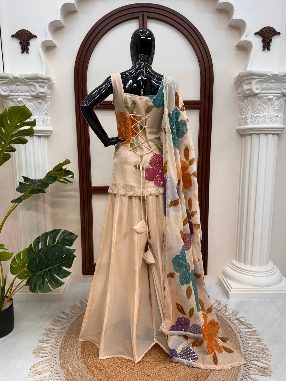 Aashvi Noor Tibby Organza Silk Brush Print Sequence Embroidered Palazzo Suit Set with Dupatta