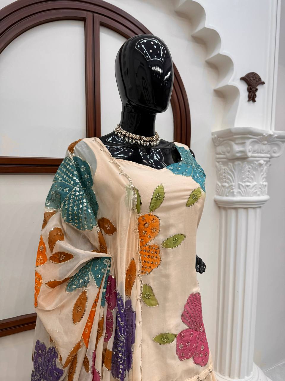 Aashvi Noor Tibby Organza Silk Brush Print Sequence Embroidered Palazzo Suit Set with Dupatta