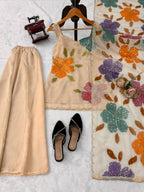 Aashvi Noor Tibby Organza Silk Brush Print Sequence Embroidered Palazzo Suit Set with Dupatta