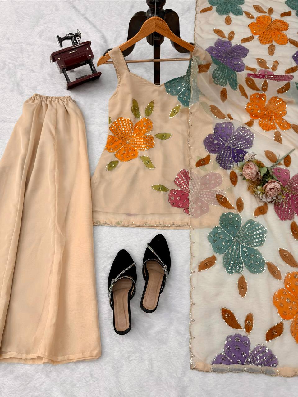 Aashvi Noor Tibby Organza Silk Brush Print Sequence Embroidered Palazzo Suit Set with Dupatta