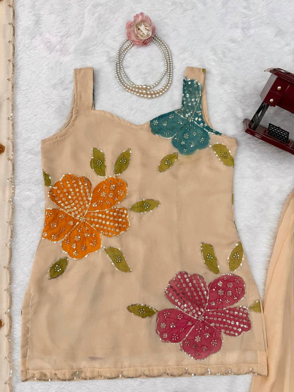 Aashvi Noor Tibby Organza Silk Brush Print Sequence Embroidered Palazzo Suit Set with Dupatta