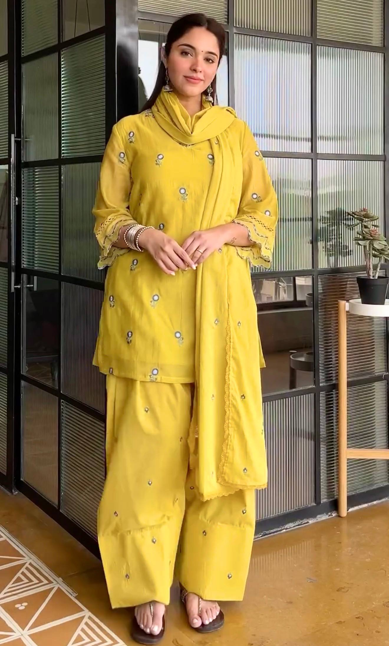 Saanvika Satin Mul Chanderi Embroidered Farshi Palazzo Suit with Dupatta