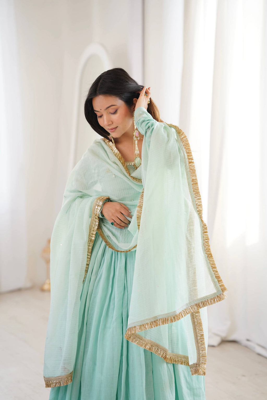 Aarvisha Heavy Designer Lace Work Anarkali Gown with Crape Bottom & Kota Dupatta