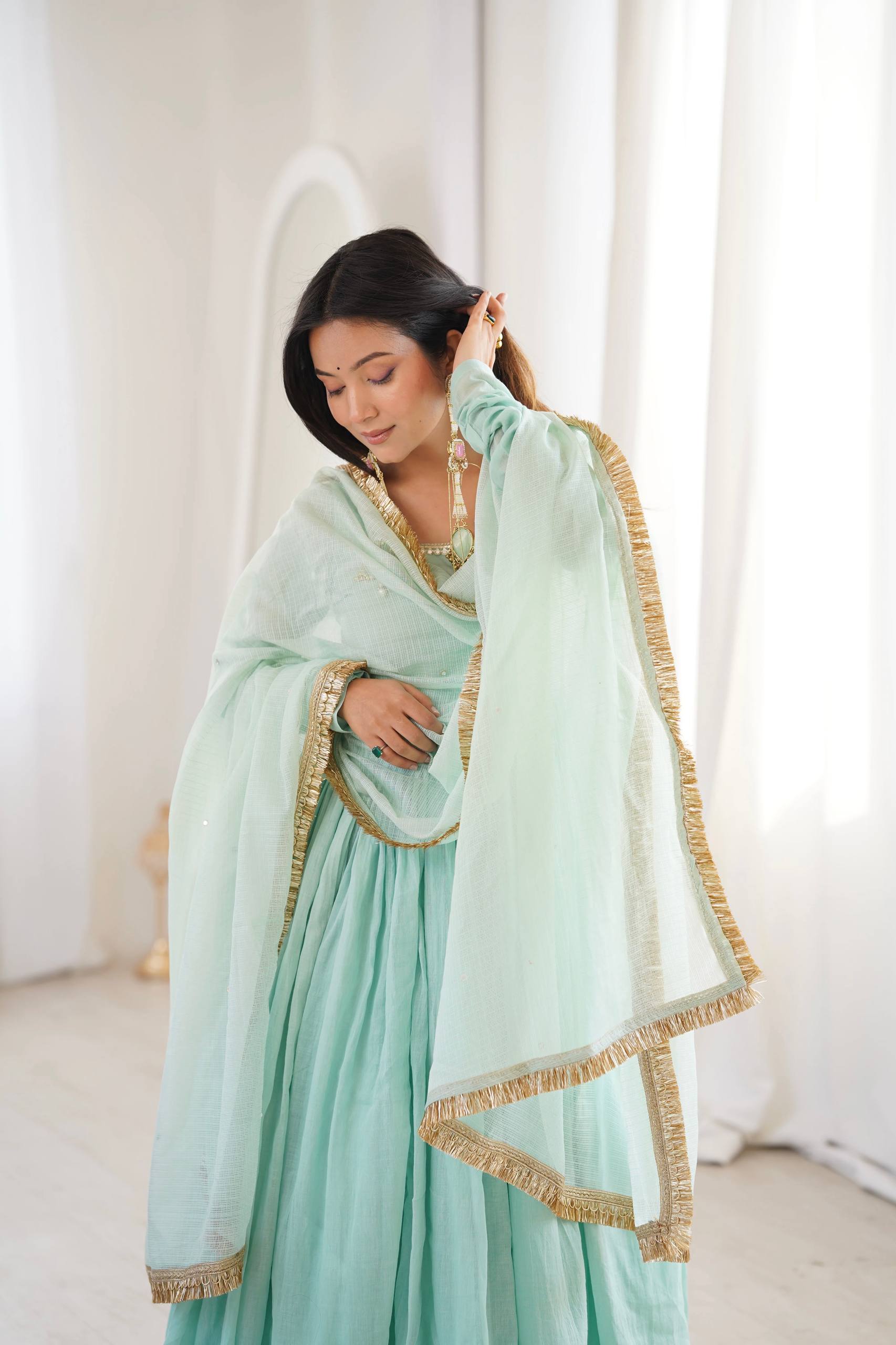 Aarvisha Heavy Designer Lace Work Anarkali Gown with Crape Bottom & Kota Dupatta