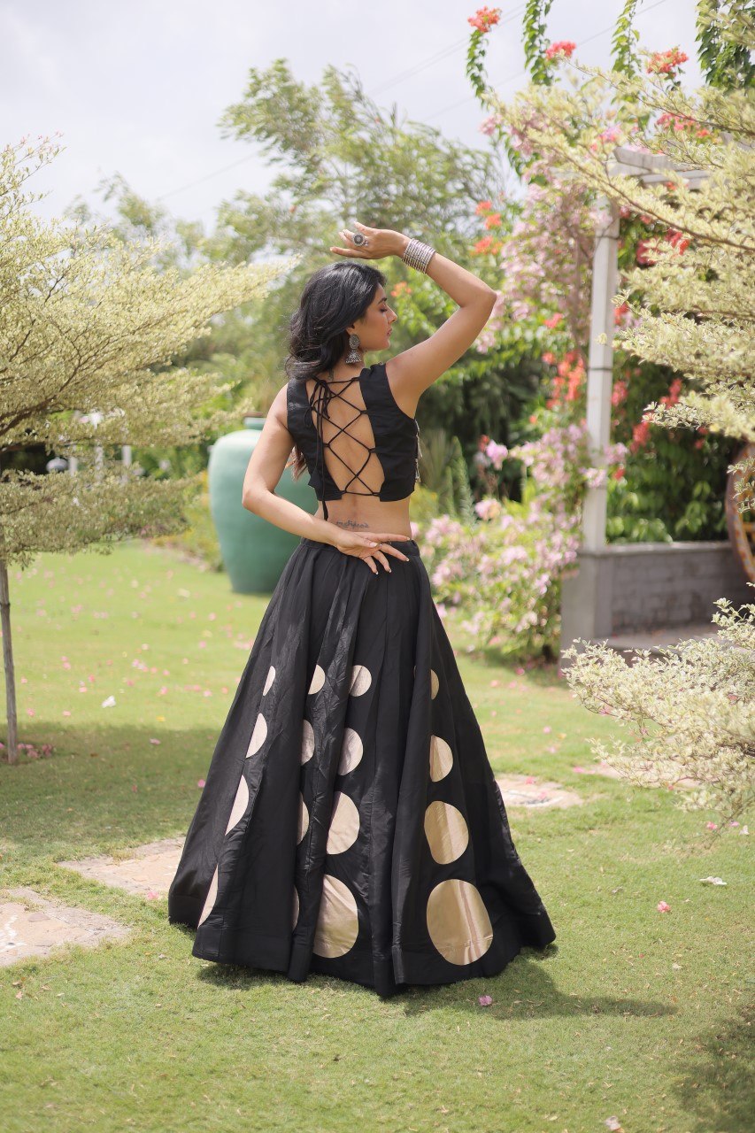 Designer Roman Silk Round Gota Pattern Lehenga with Mirror Lace Blouse