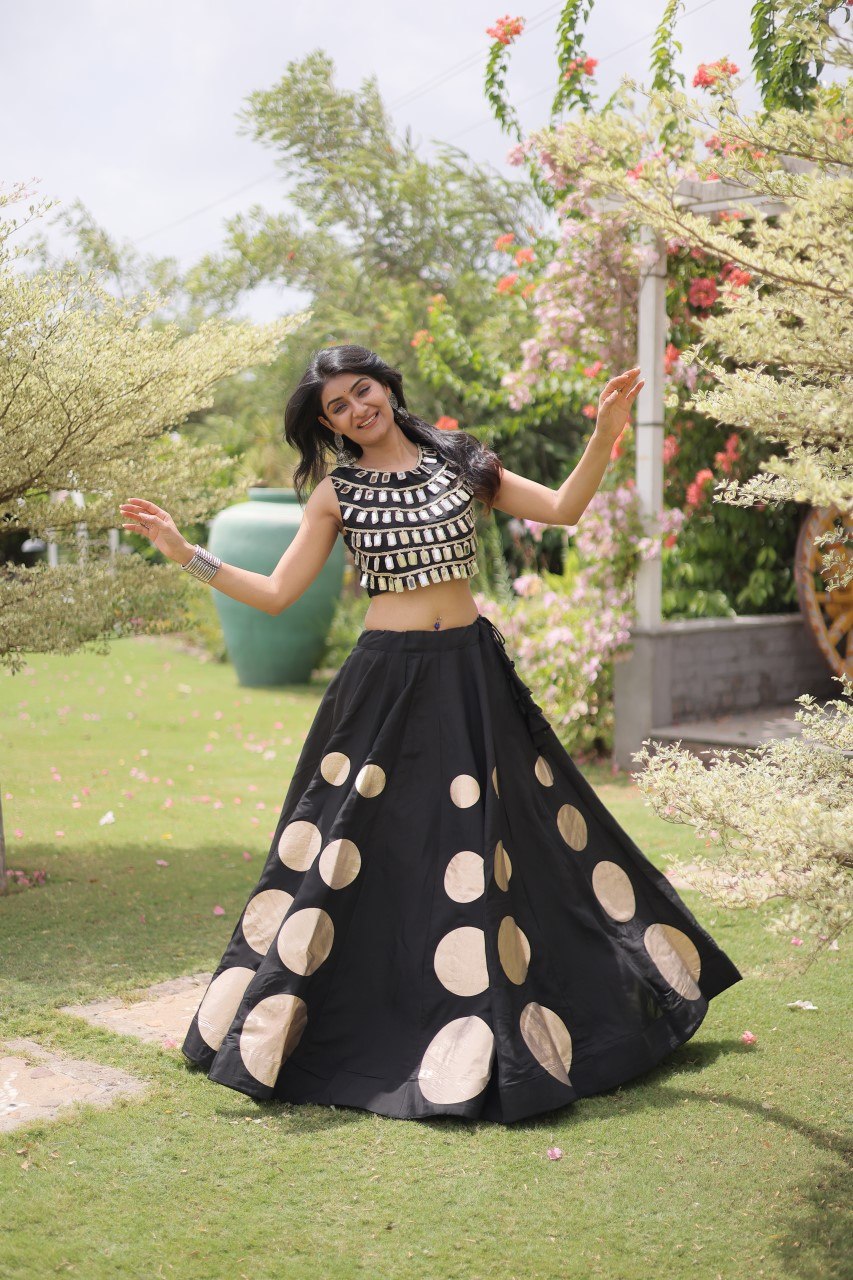 Designer Roman Silk Round Gota Pattern Lehenga with Mirror Lace Blouse