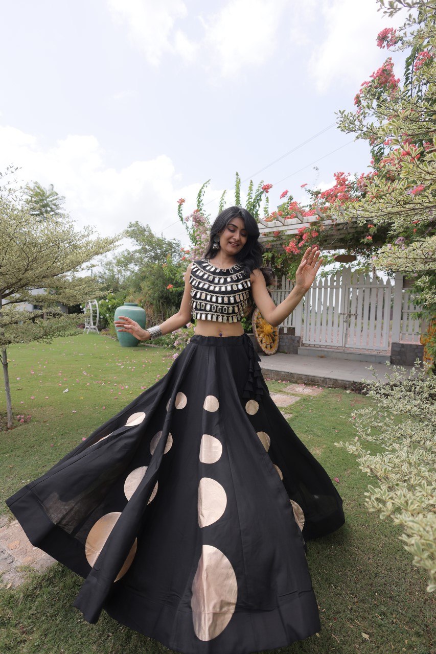 Designer Roman Silk Round Gota Pattern Lehenga with Mirror Lace Blouse