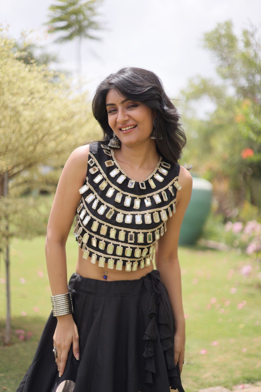 Designer Roman Silk Round Gota Pattern Lehenga with Mirror Lace Blouse