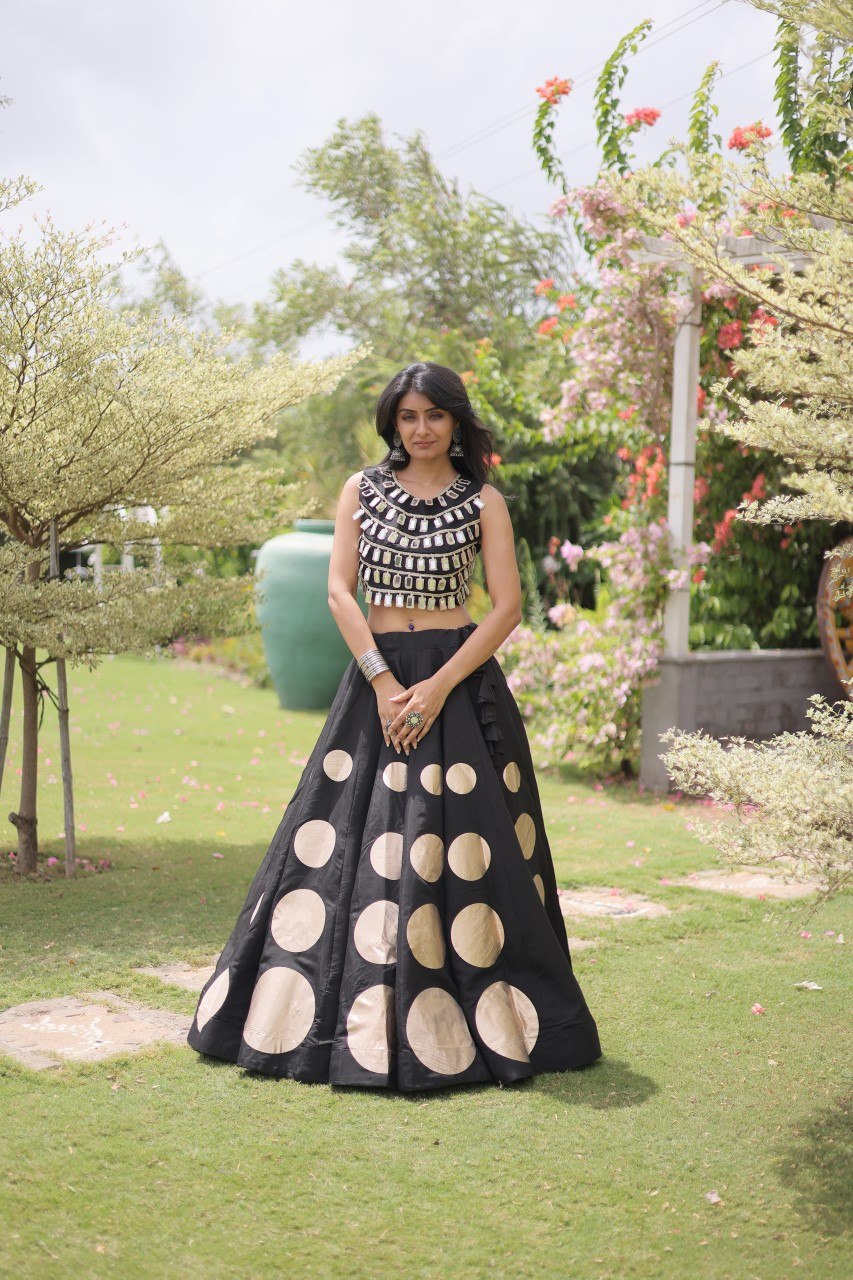 Designer Roman Silk Round Gota Pattern Lehenga with Mirror Lace Blouse