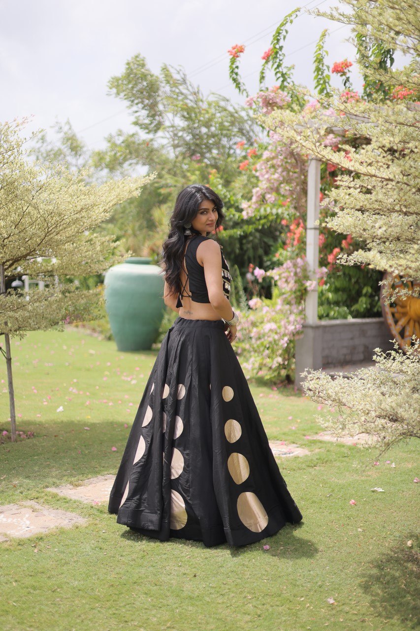 Designer Roman Silk Round Gota Pattern Lehenga with Mirror Lace Blouse