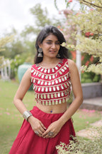 Designer Roman Silk Round Gota Pattern Lehenga with Mirror Lace Blouse