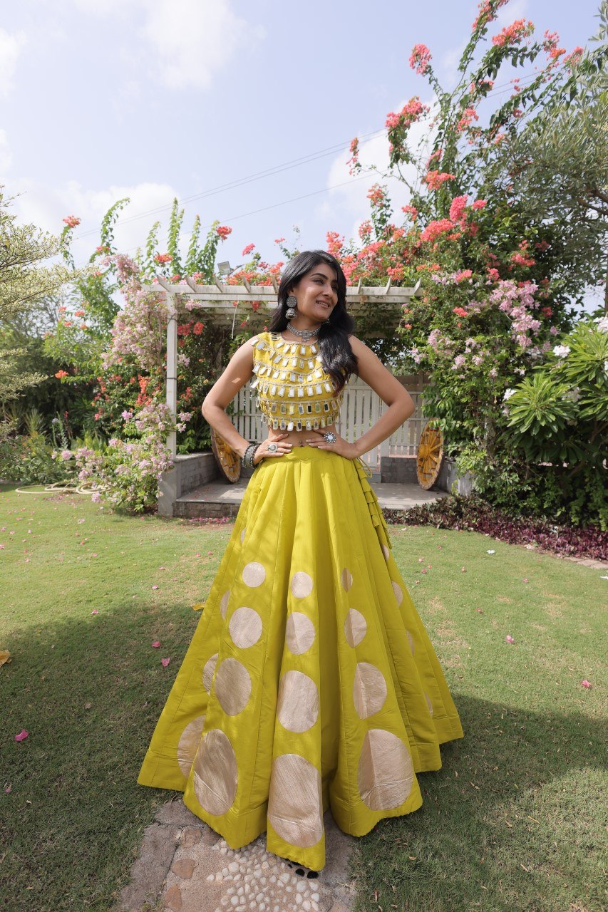 Designer Roman Silk Round Gota Pattern Lehenga with Mirror Lace Blouse