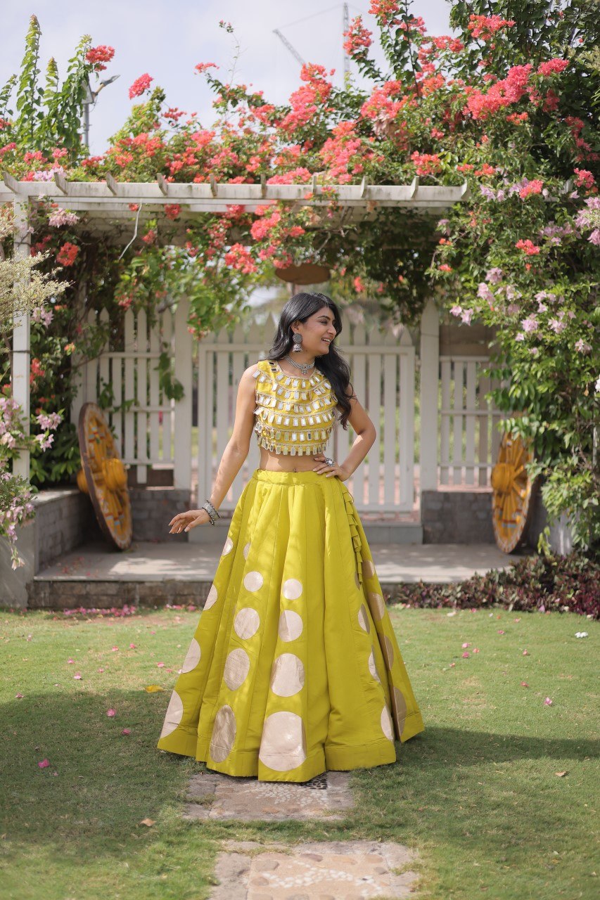 Designer Roman Silk Round Gota Pattern Lehenga with Mirror Lace Blouse