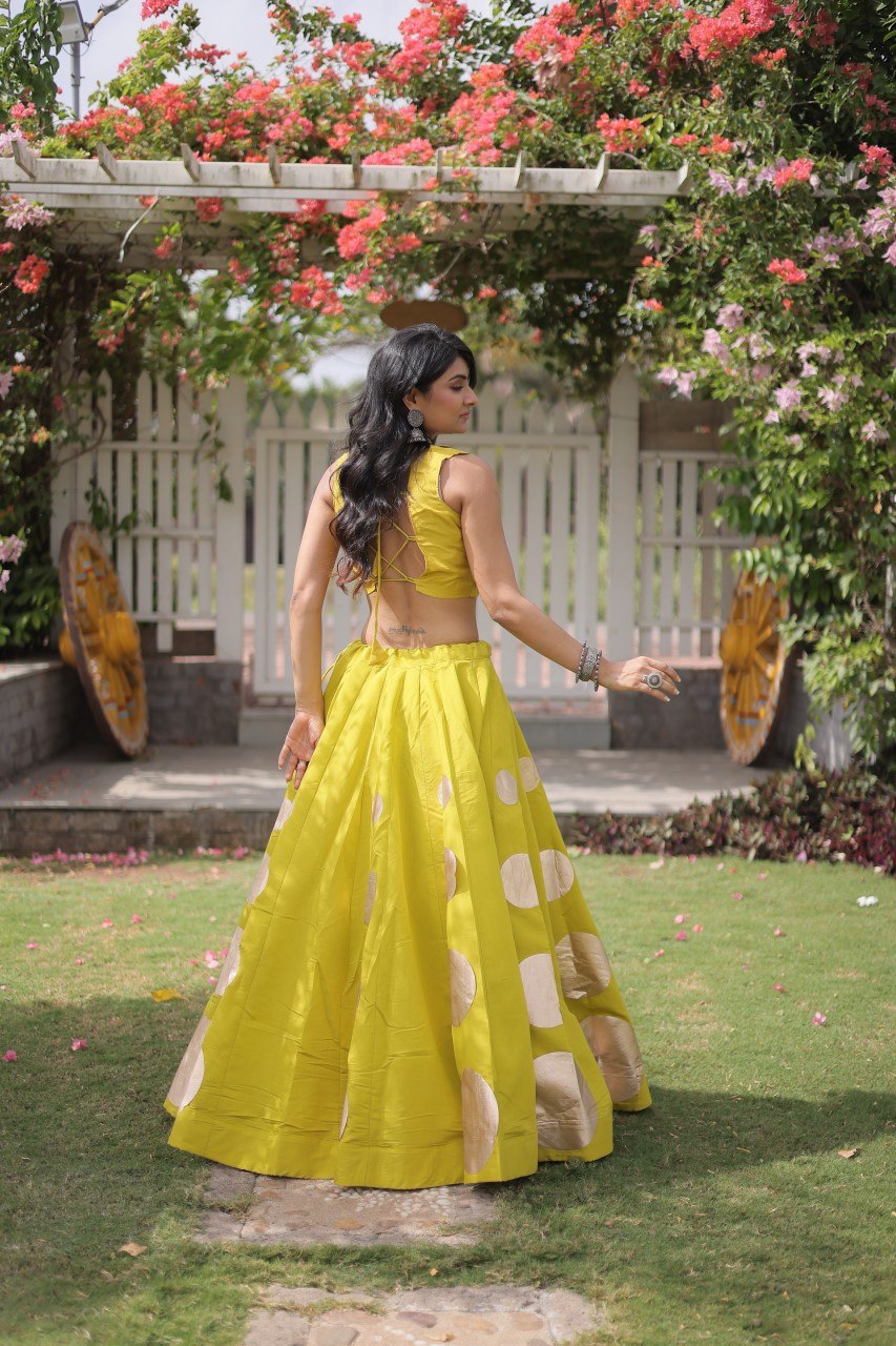 Designer Roman Silk Round Gota Pattern Lehenga with Mirror Lace Blouse
