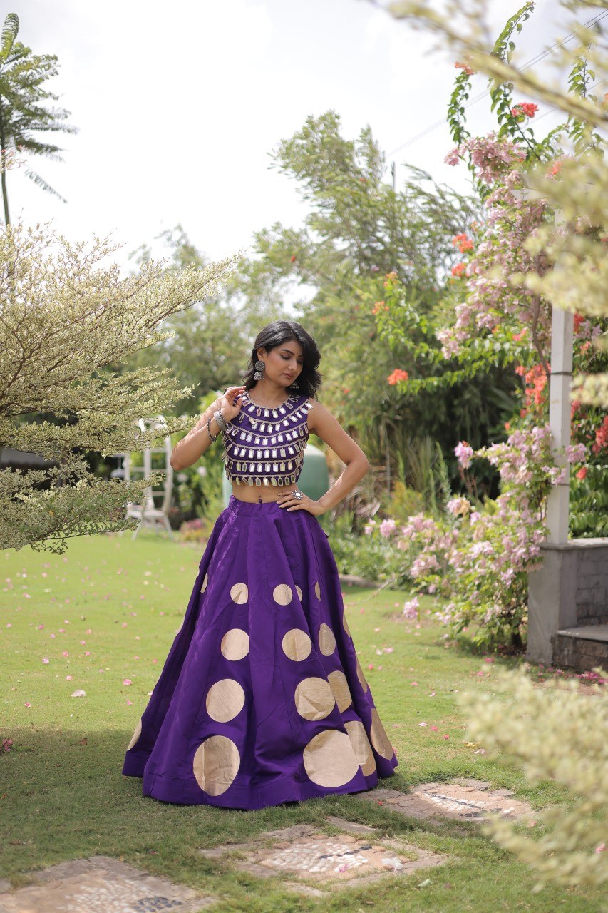 Designer Roman Silk Round Gota Pattern Lehenga with Mirror Lace Blouse