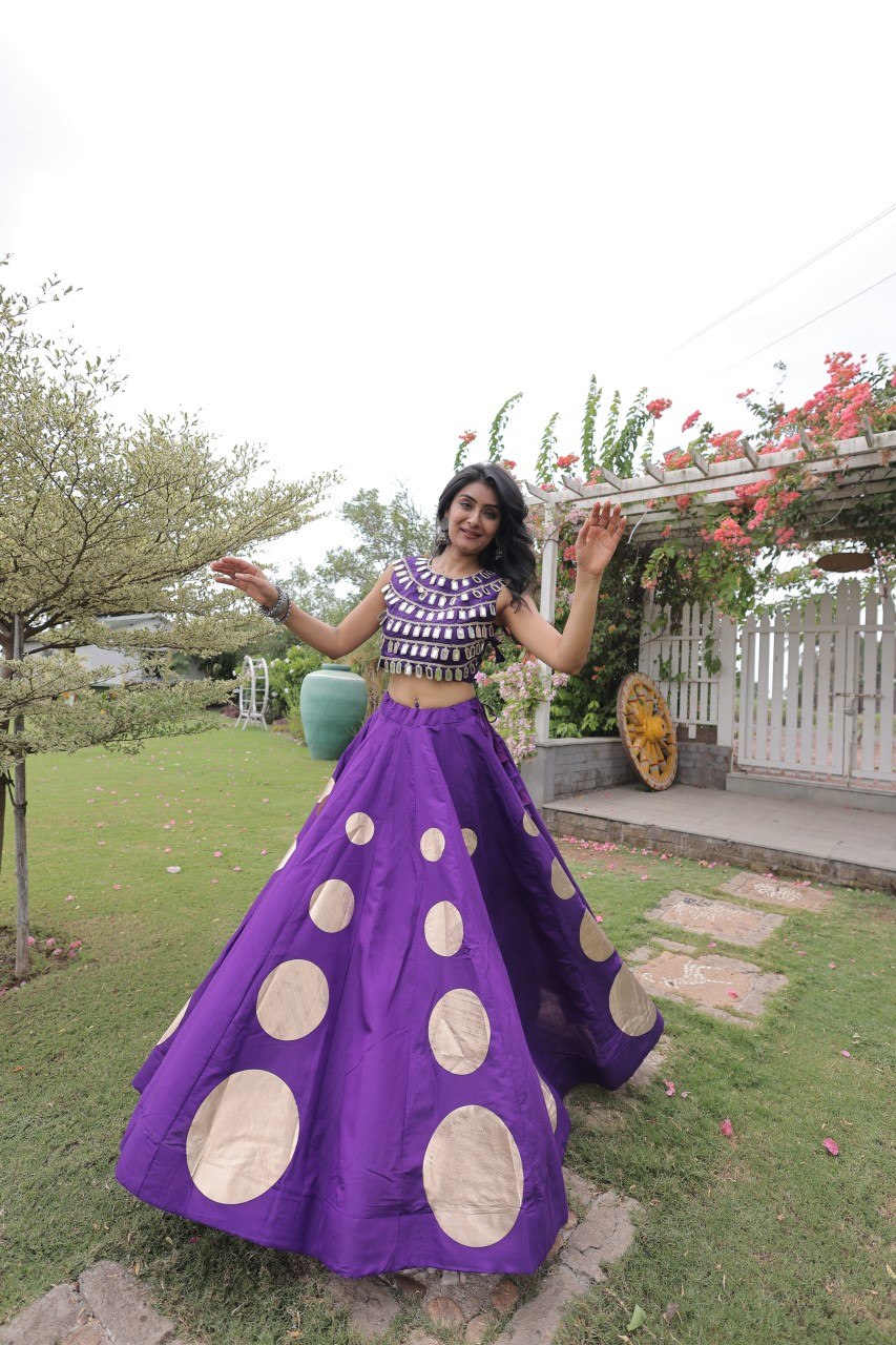 Designer Roman Silk Round Gota Pattern Lehenga with Mirror Lace Blouse