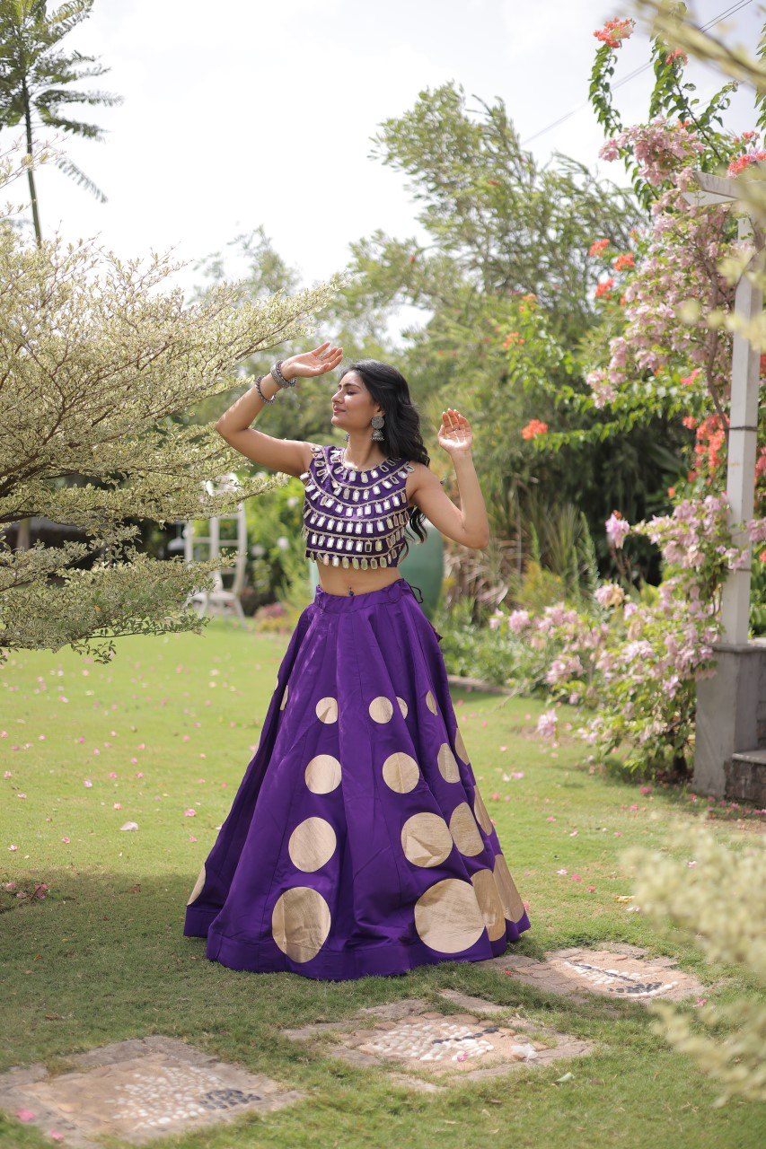 Designer Roman Silk Round Gota Pattern Lehenga with Mirror Lace Blouse