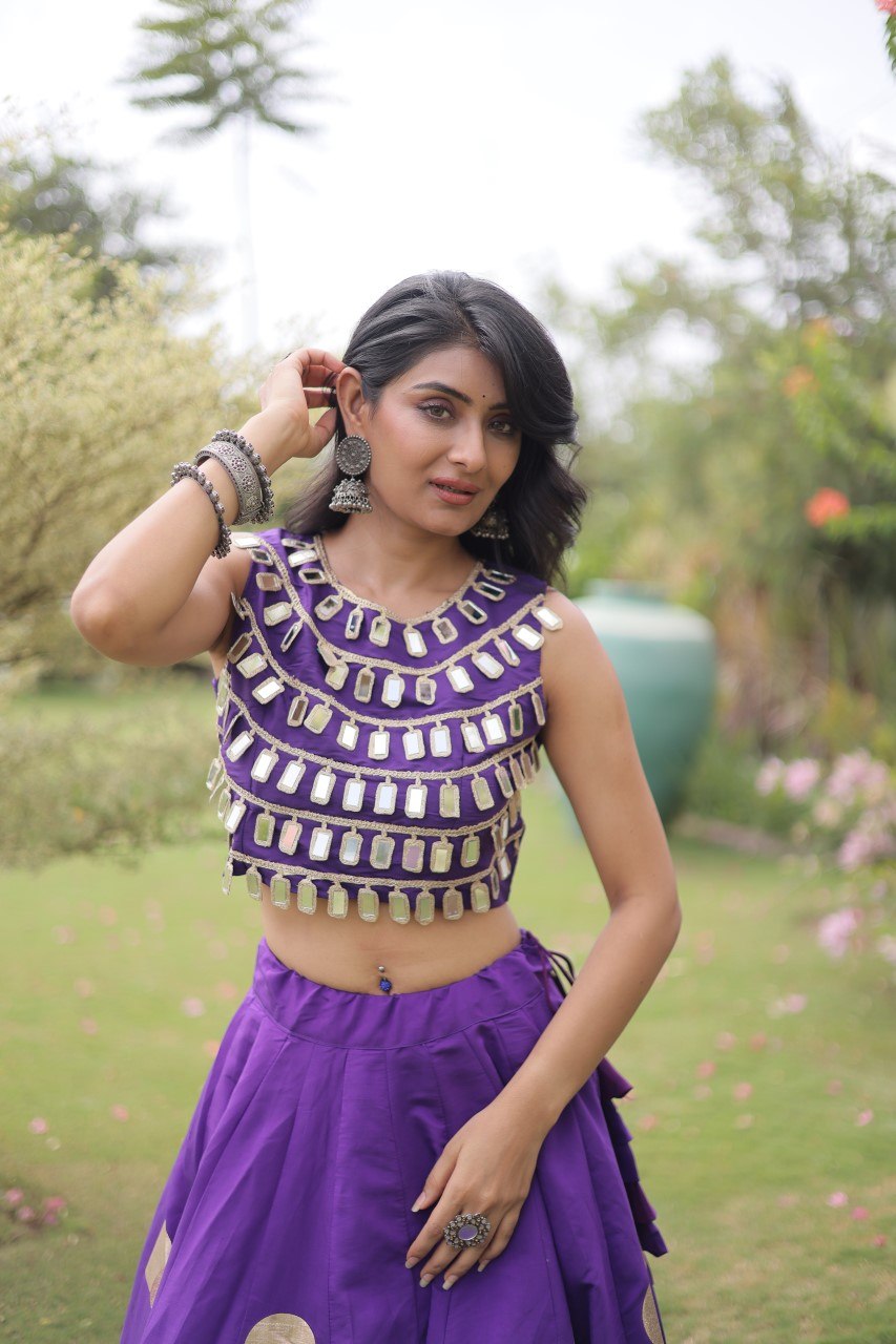 Designer Roman Silk Round Gota Pattern Lehenga with Mirror Lace Blouse