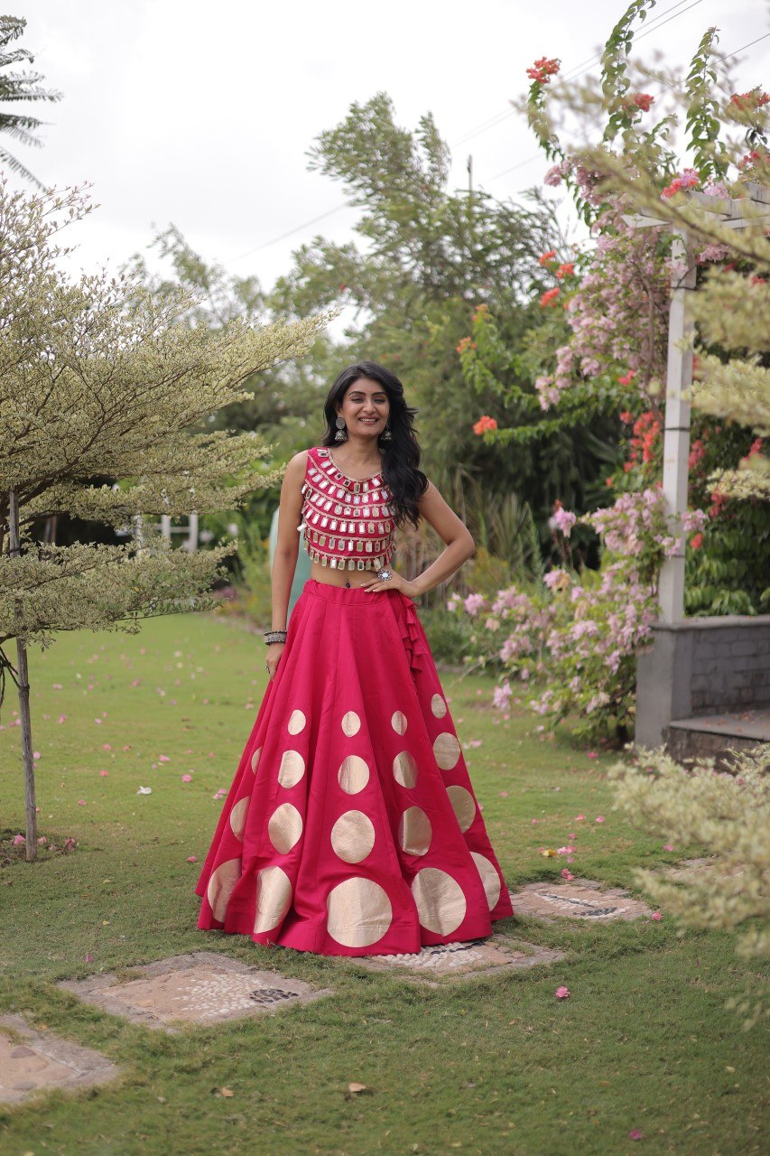 Designer Roman Silk Round Gota Pattern Lehenga with Mirror Lace Blouse
