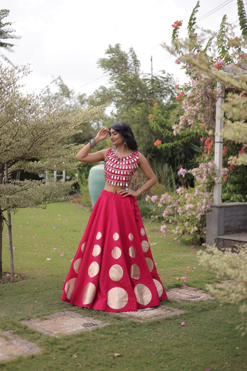 Designer Roman Silk Round Gota Pattern Lehenga with Mirror Lace Blouse