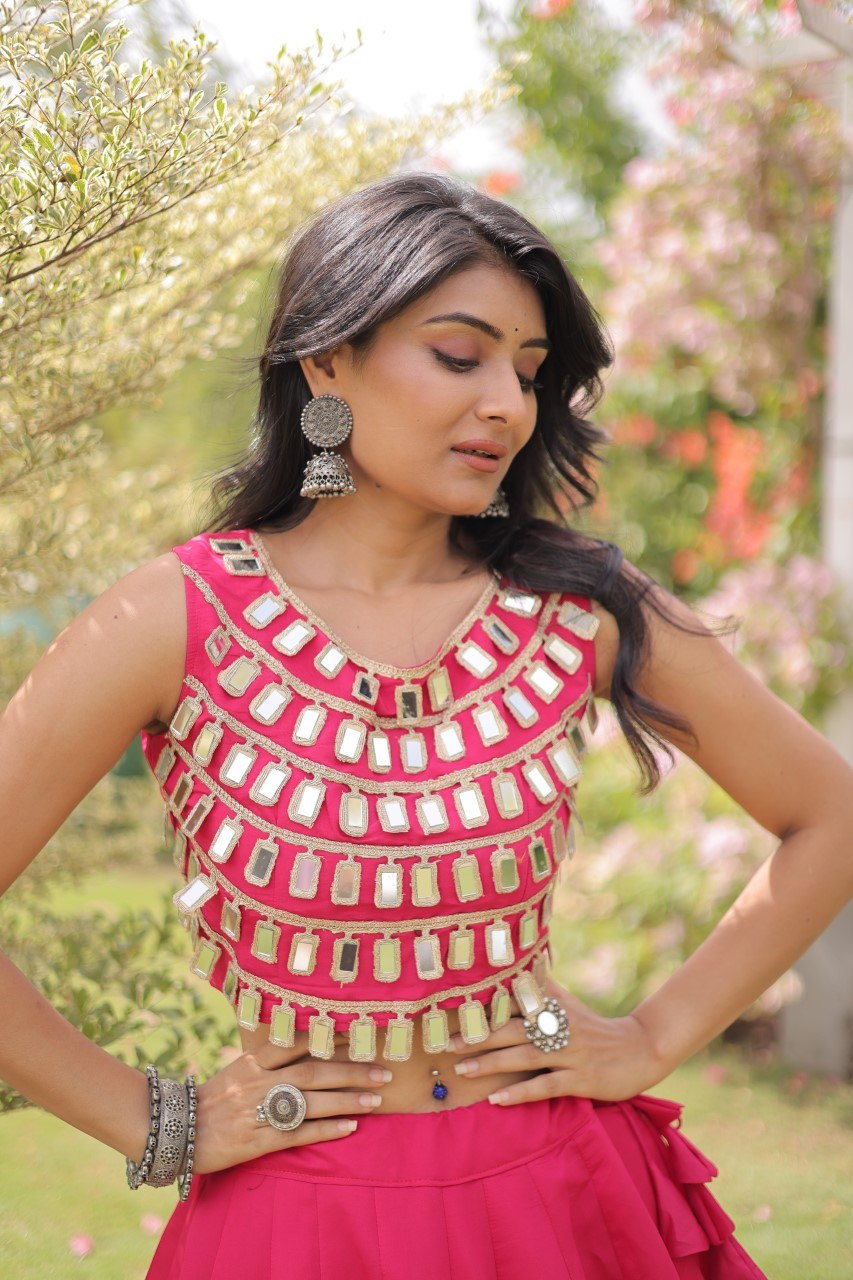 Designer Roman Silk Round Gota Pattern Lehenga with Mirror Lace Blouse