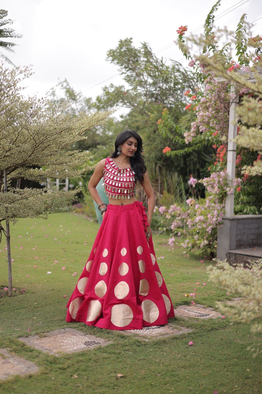 Designer Roman Silk Round Gota Pattern Lehenga with Mirror Lace Blouse
