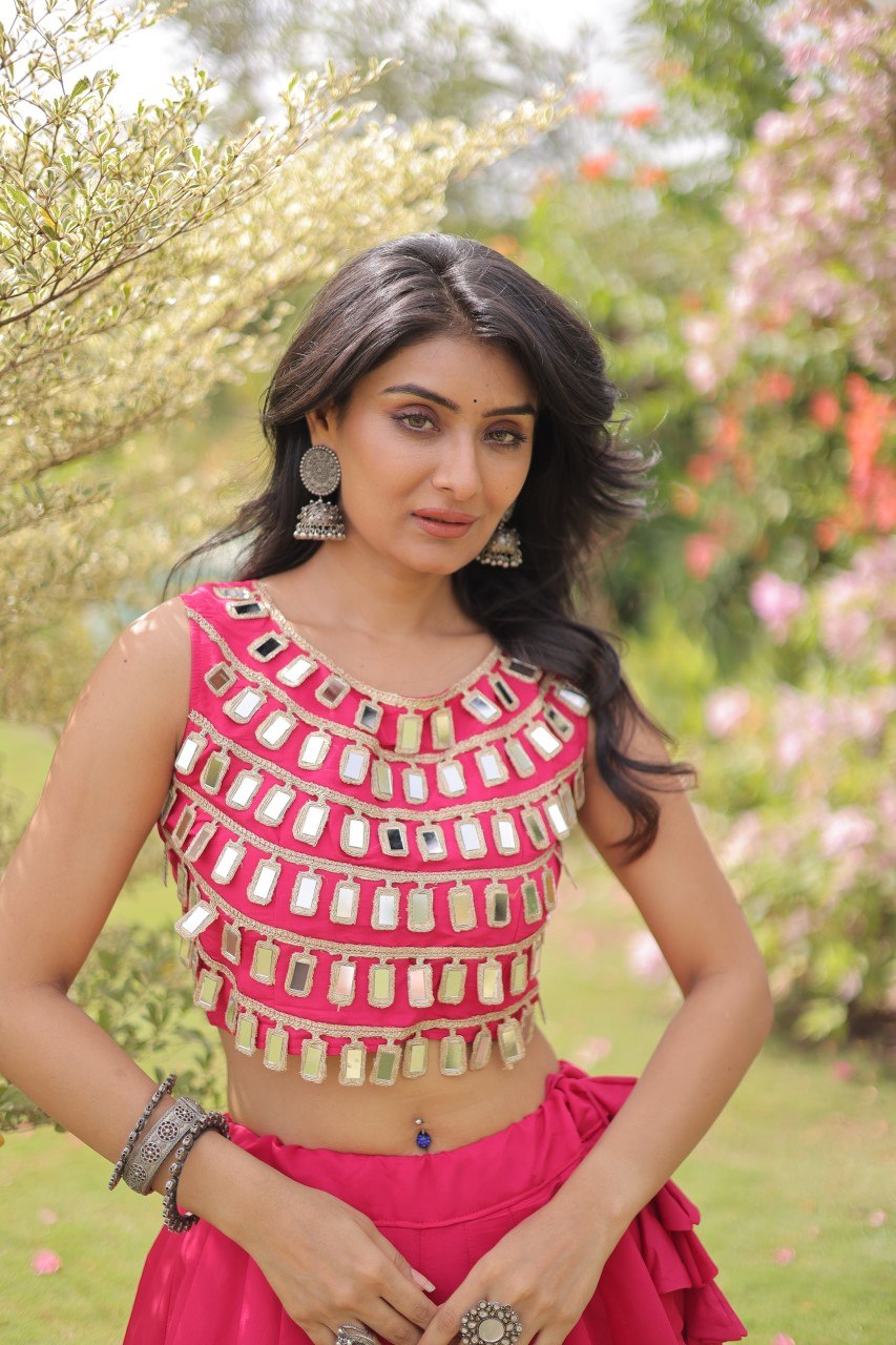 Designer Roman Silk Round Gota Pattern Lehenga with Mirror Lace Blouse