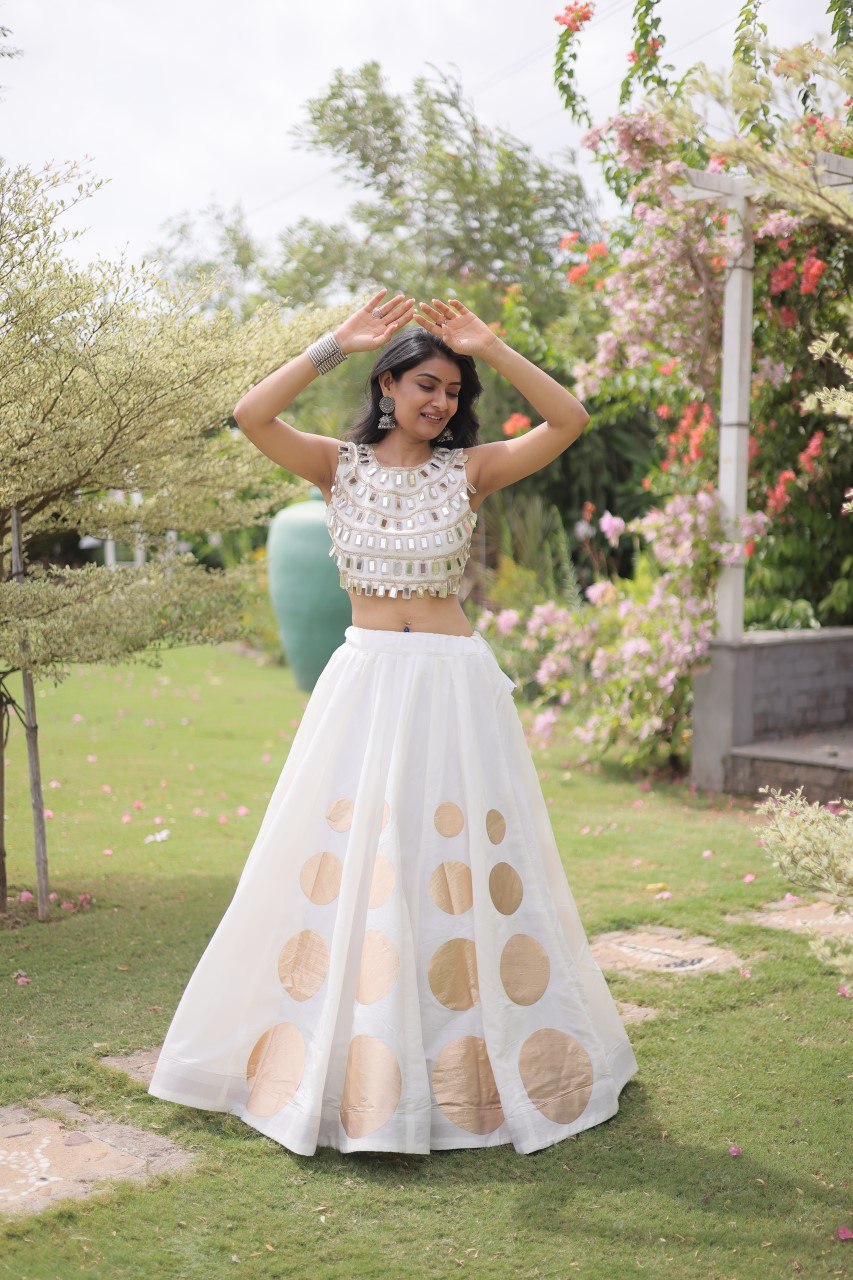 Designer Roman Silk Round Gota Pattern Lehenga with Mirror Lace Blouse