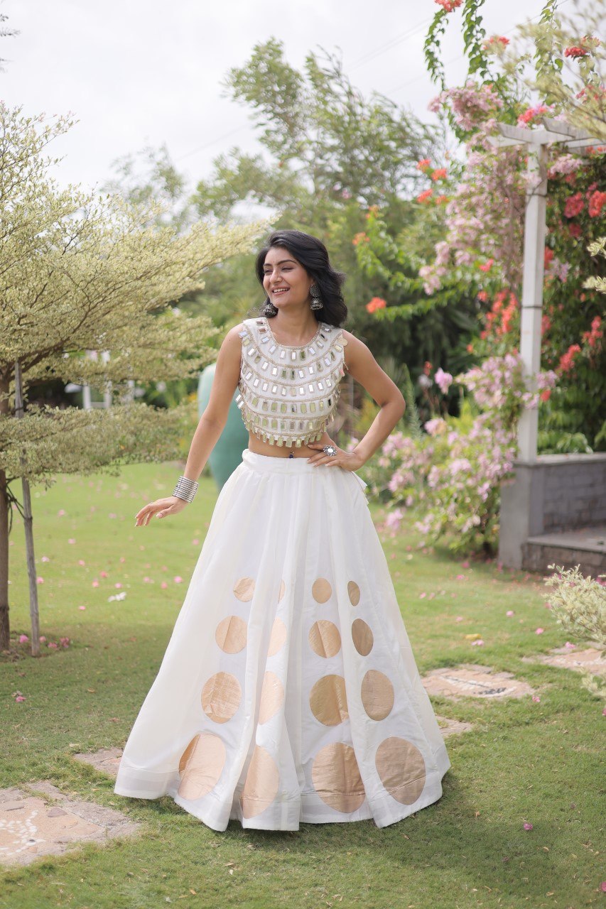 Designer Roman Silk Round Gota Pattern Lehenga with Mirror Lace Blouse