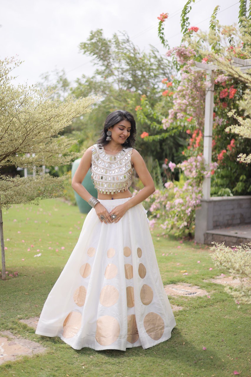 Designer Roman Silk Round Gota Pattern Lehenga with Mirror Lace Blouse