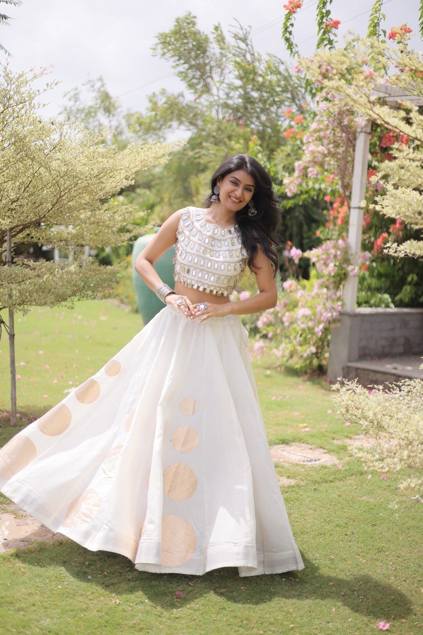 Designer Roman Silk Round Gota Pattern Lehenga with Mirror Lace Blouse