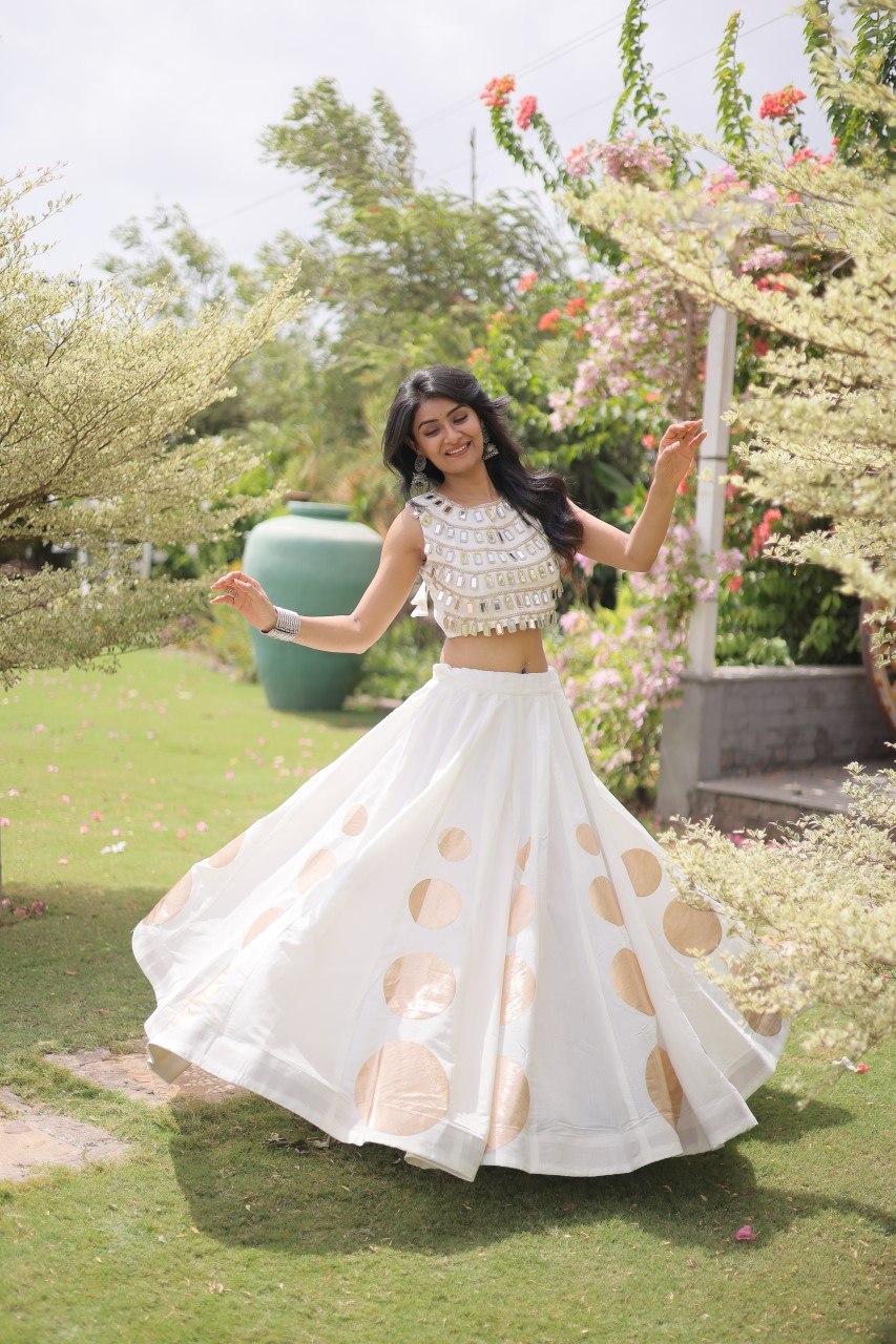 Designer Roman Silk Round Gota Pattern Lehenga with Mirror Lace Blouse