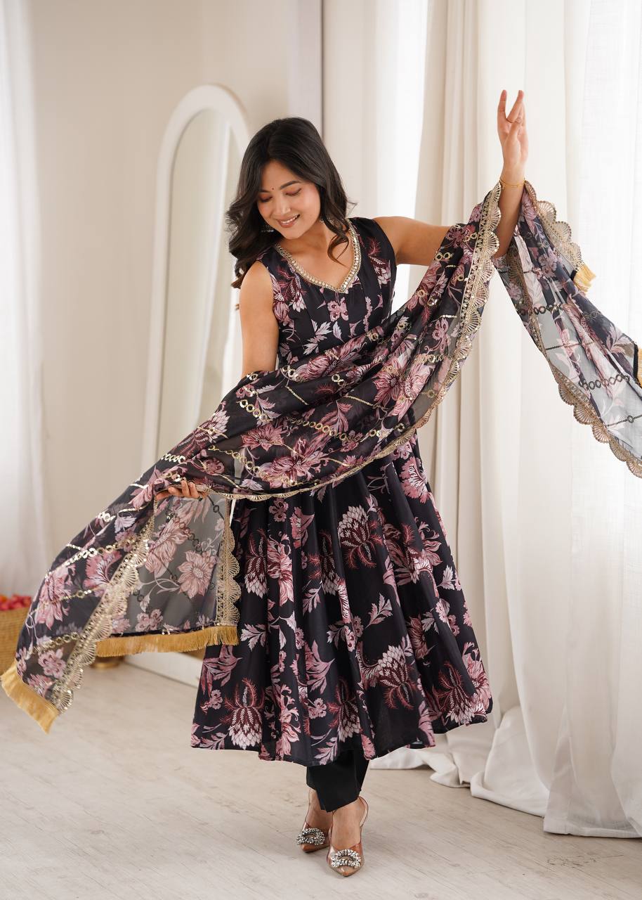 Aarohi Pure Muslin Floral Print Kali Cut Gown with Pant & Organza Embroidered Dupatta