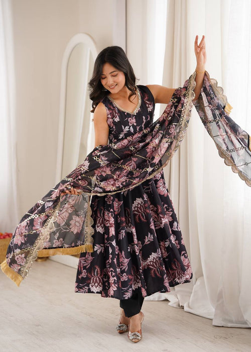 Aarohi Pure Muslin Floral Print Kali Cut Gown with Pant & Organza Embroidered Dupatta