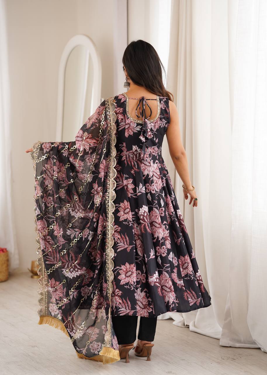 Aarohi Pure Muslin Floral Print Kali Cut Gown with Pant & Organza Embroidered Dupatta
