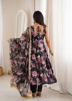 Aarohi Pure Muslin Floral Print Kali Cut Gown with Pant & Organza Embroidered Dupatta