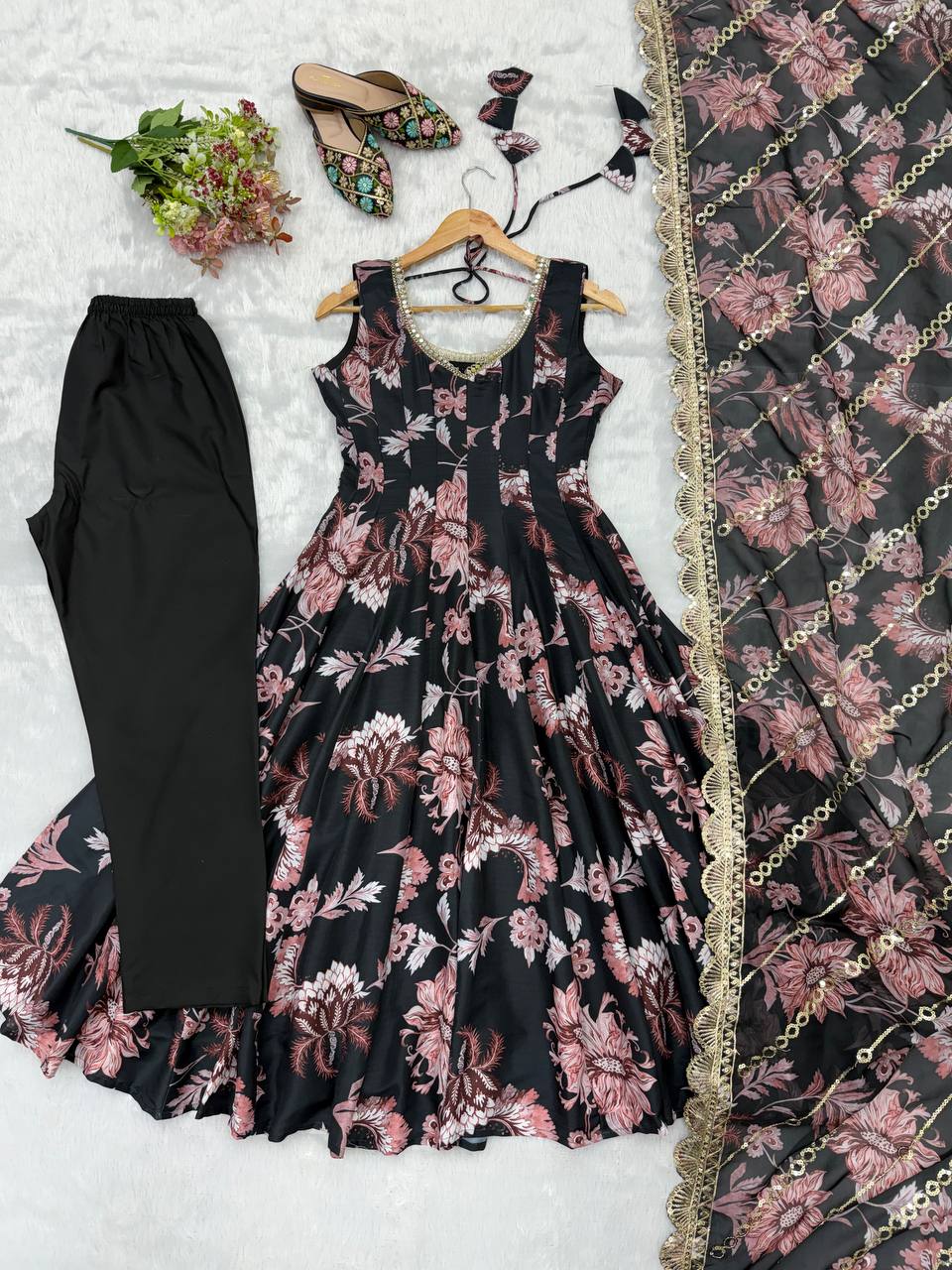 Aarohi Pure Muslin Floral Print Kali Cut Gown with Pant & Organza Embroidered Dupatta