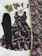 Aarohi Pure Muslin Floral Print Kali Cut Gown with Pant & Organza Embroidered Dupatta