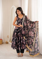 Aarohi Pure Muslin Floral Print Kali Cut Gown with Pant & Organza Embroidered Dupatta