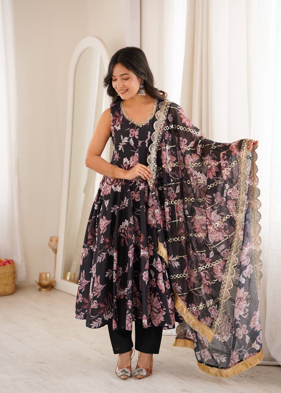 Aarohi Pure Muslin Floral Print Kali Cut Gown with Pant & Organza Embroidered Dupatta