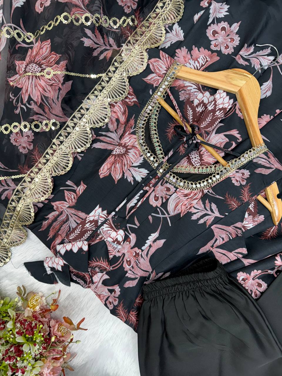 Aarohi Pure Muslin Floral Print Kali Cut Gown with Pant & Organza Embroidered Dupatta
