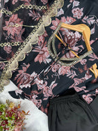 Aarohi Pure Muslin Floral Print Kali Cut Gown with Pant & Organza Embroidered Dupatta