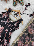 Aarohi Pure Muslin Floral Print Kali Cut Gown with Pant & Organza Embroidered Dupatta