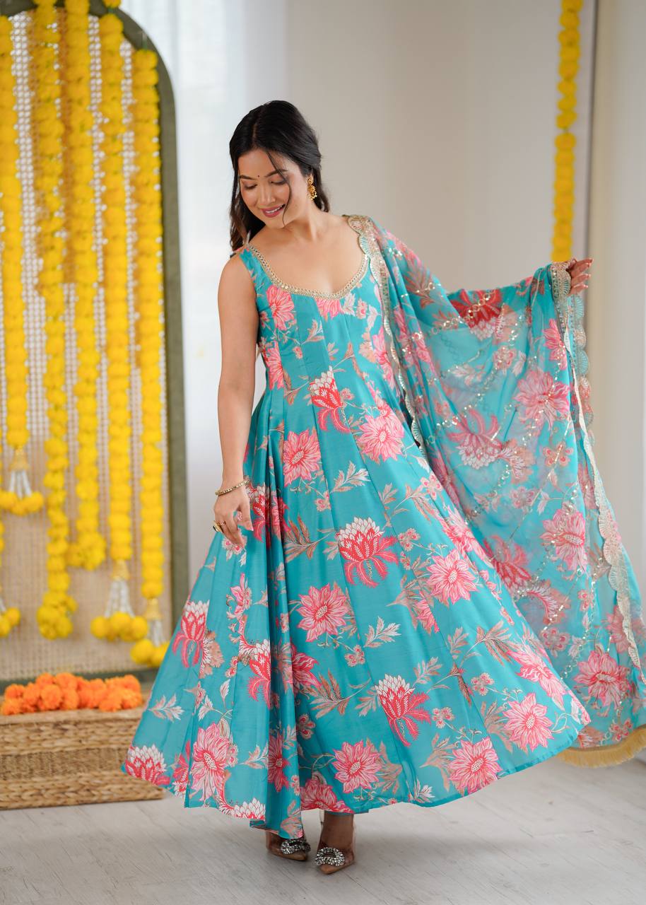 Aarohi Pure Muslin Floral Print Kali Cut Gown with Pant & Organza Embroidered Dupatta
