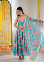 Aarohi Pure Muslin Floral Print Kali Cut Gown with Pant & Organza Embroidered Dupatta