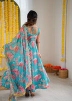 Aarohi Pure Muslin Floral Print Kali Cut Gown with Pant & Organza Embroidered Dupatta