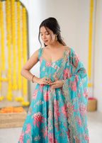 Aarohi Pure Muslin Floral Print Kali Cut Gown with Pant & Organza Embroidered Dupatta